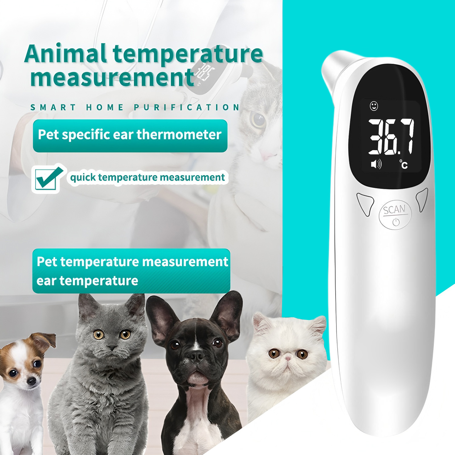 Pet Supplies Vending Machine - เครื่องวัดอุณหภูมิหูสัตว์เลี้ยงแบบดิจิตอล อุปกรณ์วัดอุณหภูมิอิเล็กทรอนิกส์แบบไม่สัมผัสสำหรับสุนัข แมว ลูกสุนัข อุปกรณ์สัตวแพทย์